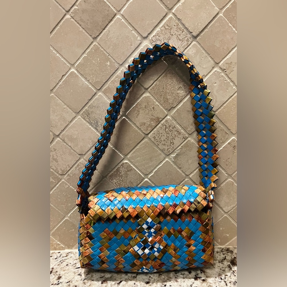 Handmade Colorful Recycled Plastic Wrapper Shoulder Bag Blue Tan